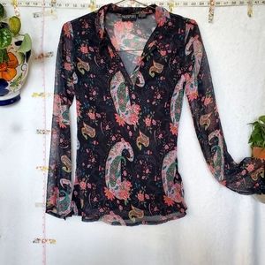 PASSPORT Y2K sheer shirt bias cut split sleeve lapel collar v-neck paisley print